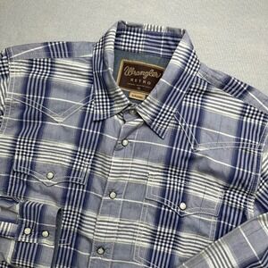 Wrangler Retro Western Shirt Boys XL Blue White Plaid Pearl Snap BVR299M